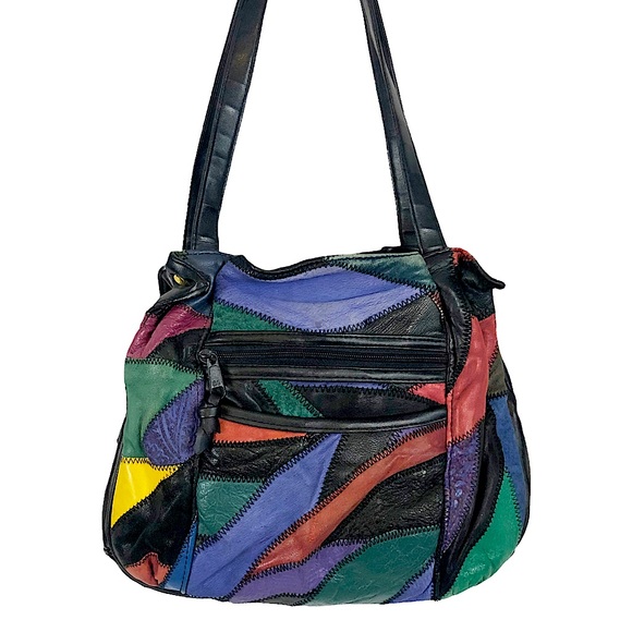 Vintage Handbags - VINTAGE 80s Postmodern Multicolor Leather Patchwork Satchel Shoulder Bag